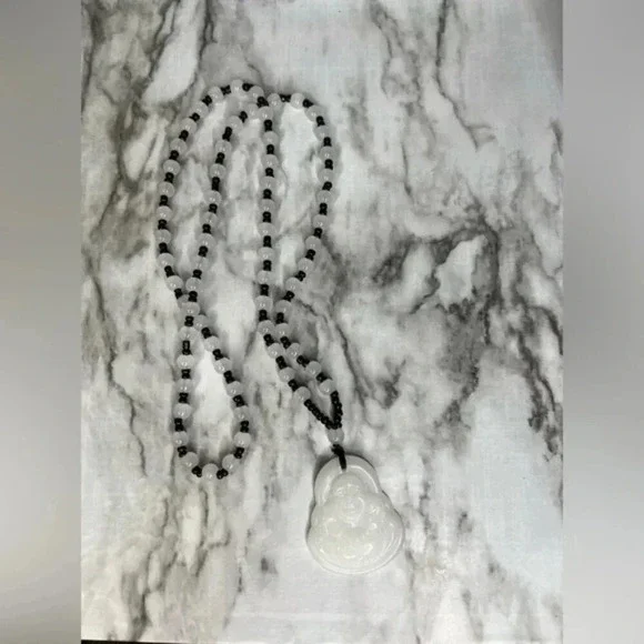 White JADE Hand Carved Maitreya Buddah Pendant Necklace - Picture 2 of 6